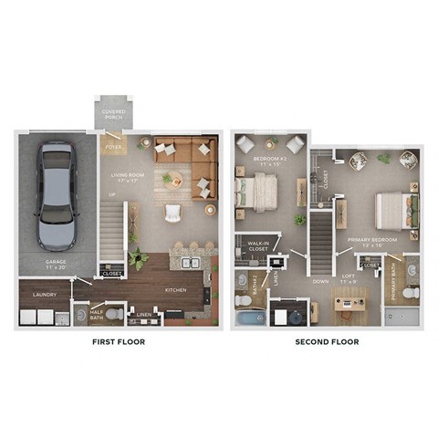 Floor plan for 2 beds, 2.5 baths, 1395 sqft